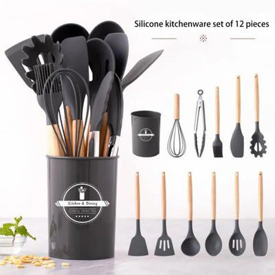 12 Pcs Silicone Kitchen Utensil Set with Wooden Handles