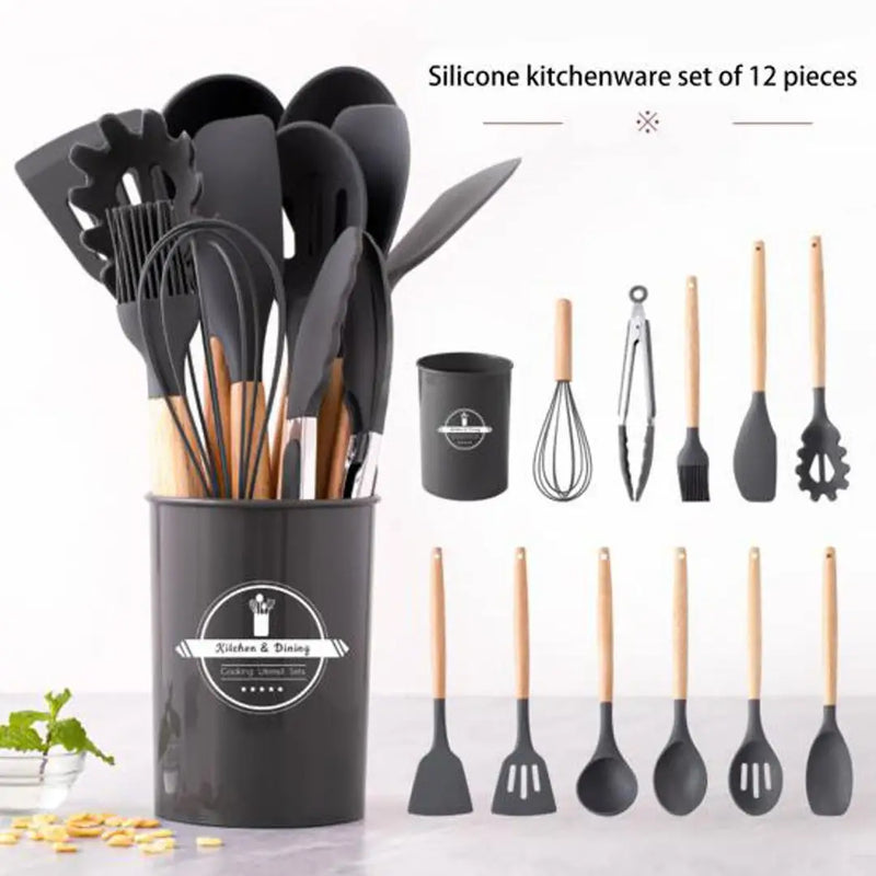12 Pcs Silicone Kitchen Utensil Set with Wooden Handles
